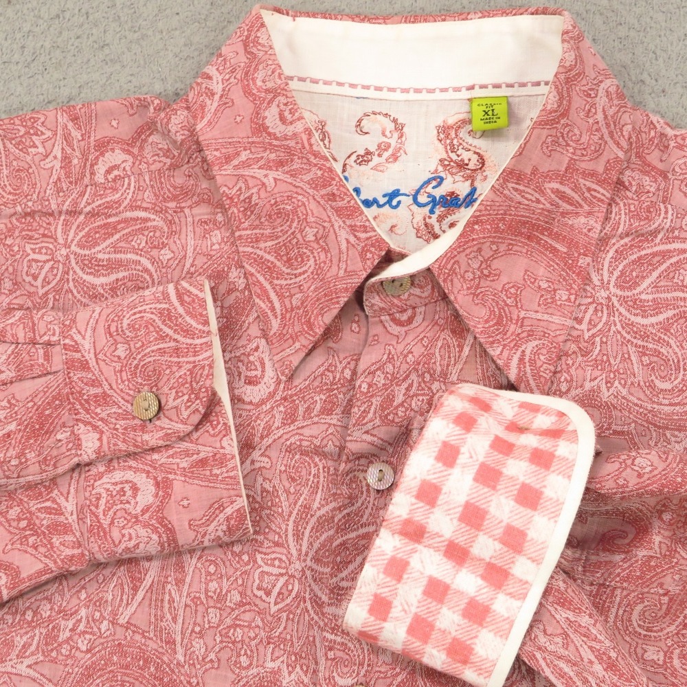 Robert Graham Shirt XL Mens Linen Cotton Red Paisley Crazy Flip Cuff Classic Fit